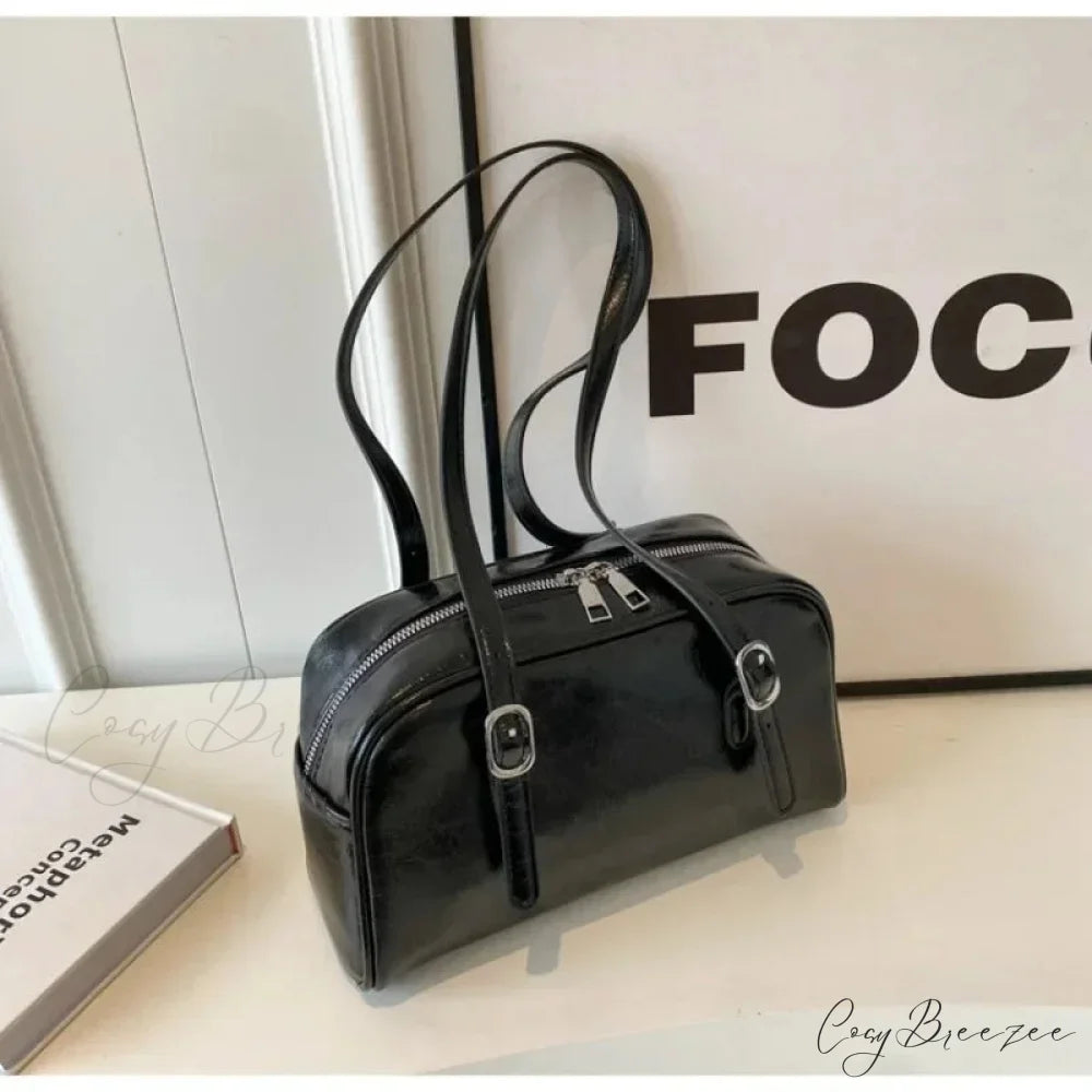 Monochrome Fashion Boston Bag Black shoulder-250126