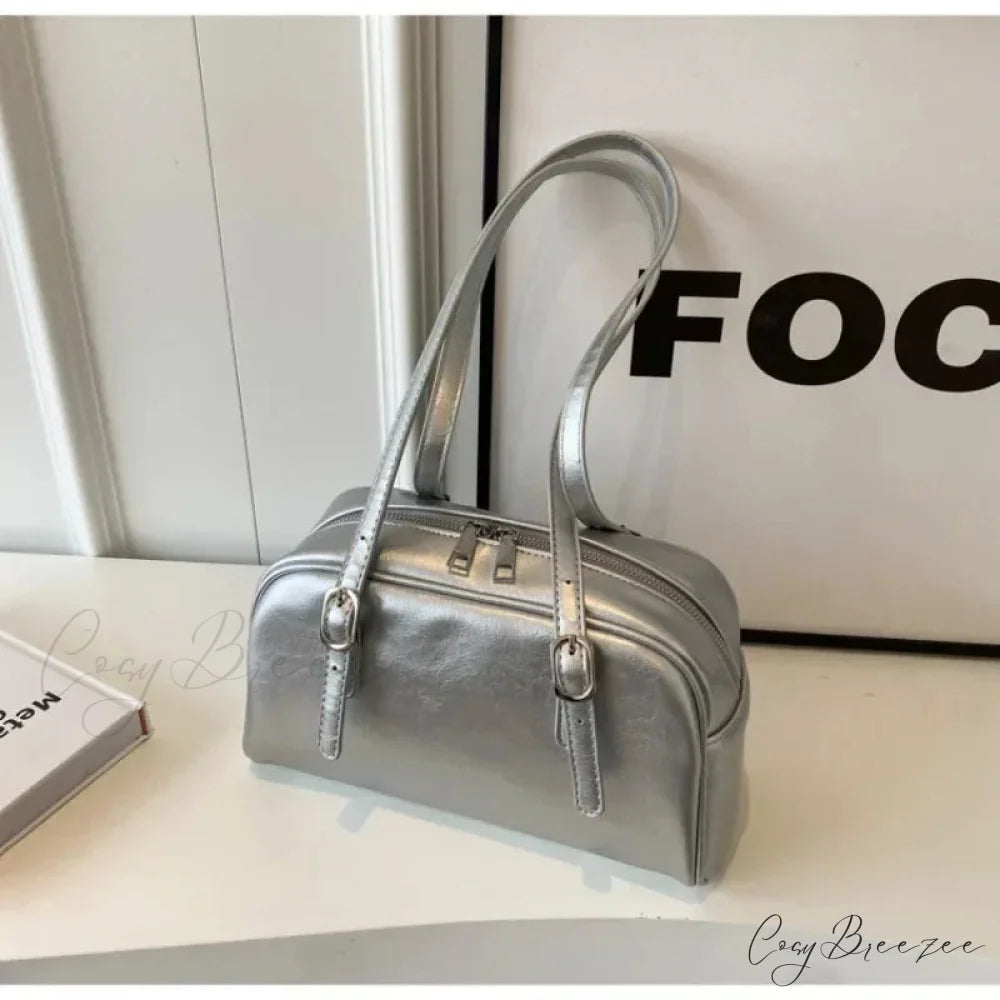 Monochrome Fashion Boston Bag Silver shoulder-250126