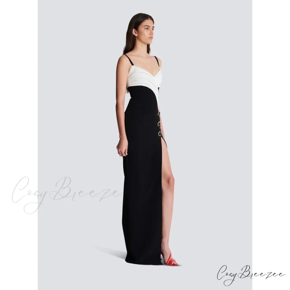 Monochrome Slit Satin Party Prom Dress promdress-250223