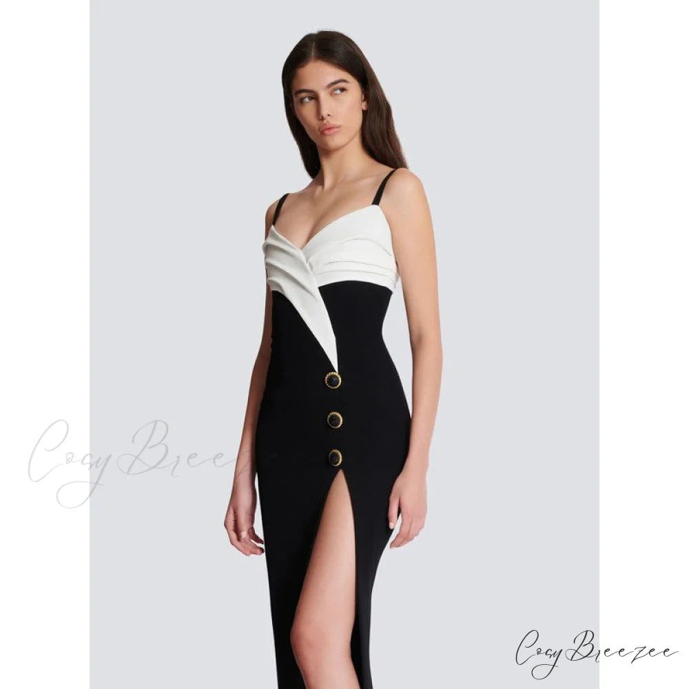Monochrome Slit Satin Party Prom Dress promdress-250223