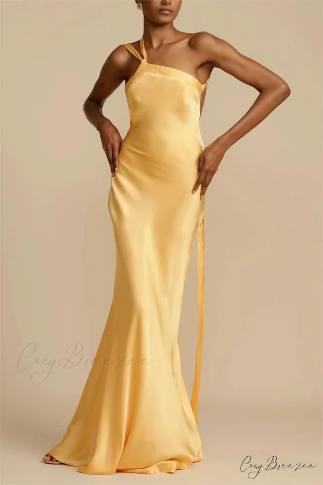 Moonlit Soiree Satin Asymmetrical One Trendy Shouder Backless Strap Maxi Dress
