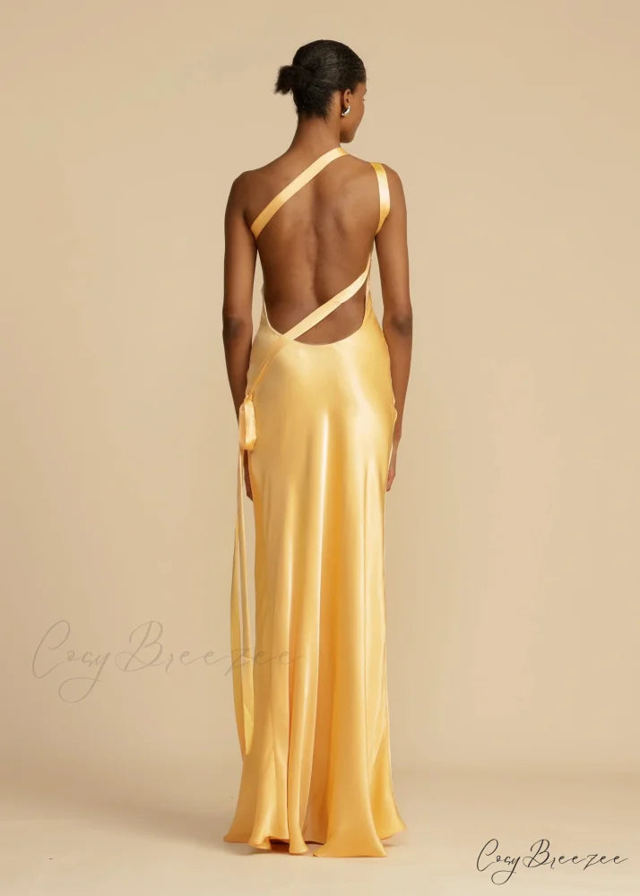 Moonlit Soiree Satin Asymmetrical One Trendy Shouder Backless Strap Maxi Dress