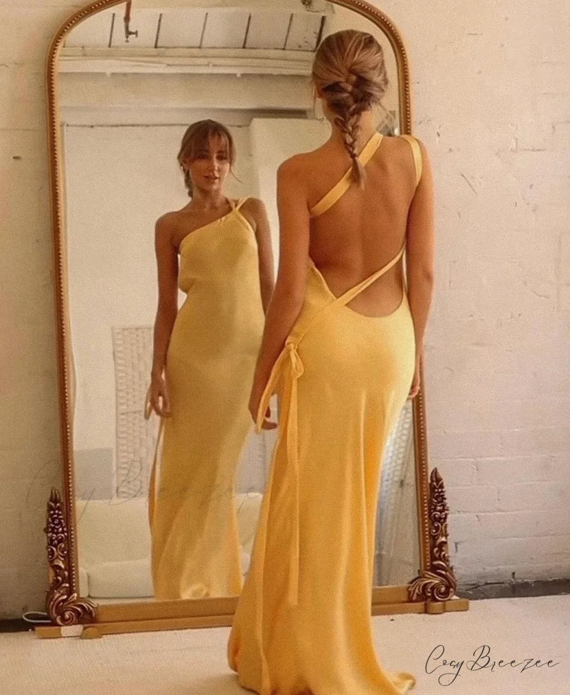 Moonlit Soiree Satin Asymmetrical One Trendy Shouder Backless Strap Maxi Dress