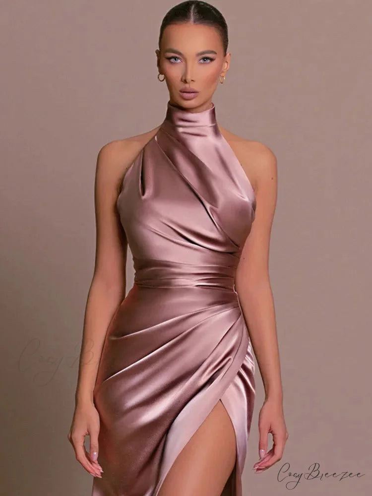 Mozision Halter Sleeveless High Split Maxi Dress For Women Fashion Christmas Party Dress