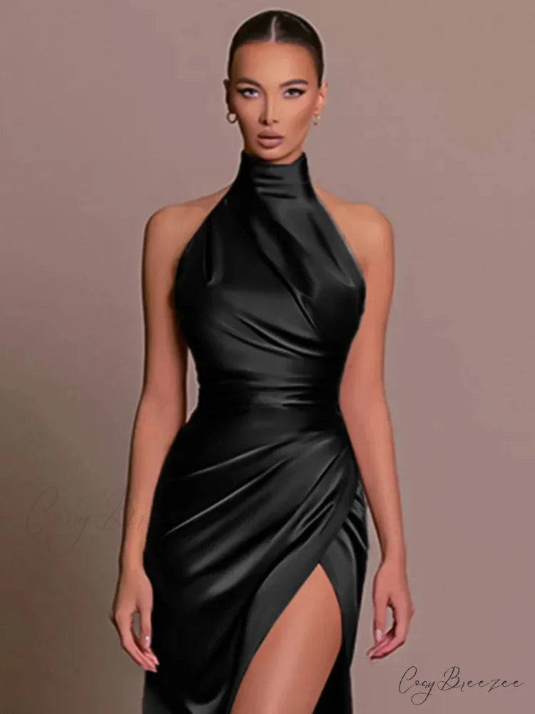 Mozision Halter Sleeveless High Split Maxi Dress For Women Fashion Christmas Party Dress Black / S