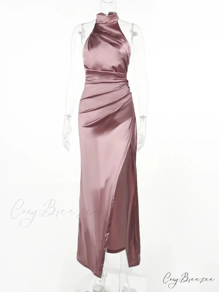 Mozision Halter Sleeveless High Split Maxi Dress For Women Fashion Christmas Party Dress Pink / S