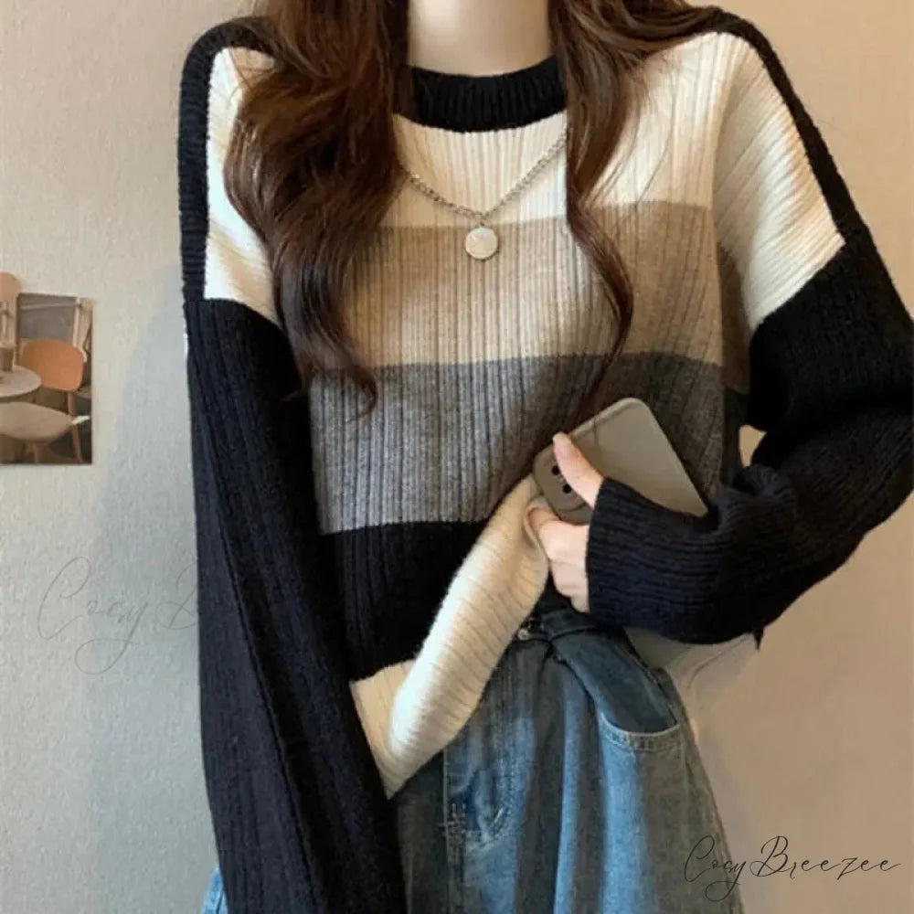 Multi-Color Splicing Lazy Style Slimming Sweater Black / S swraters-241228