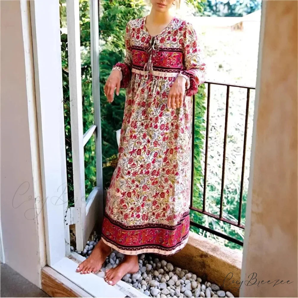 Multi Floral Print Tie Neck Tassel Vintage Bohemian Maxi Dress WHITE / S bohodress-250126