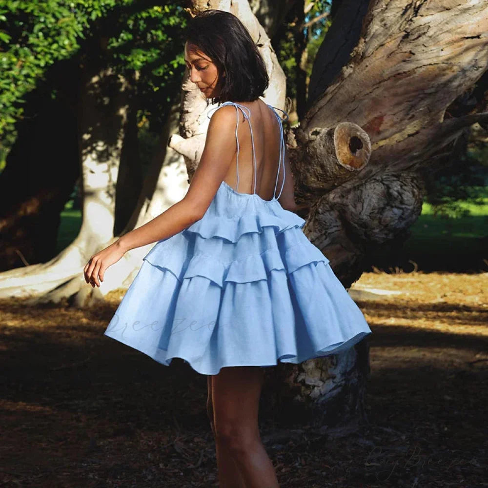 Multi-Tiered Ruffles Stylish Strappy Mini Dress Blue / M