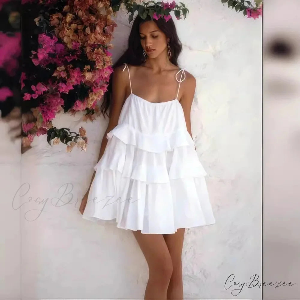 Multi-Tiered Ruffles Stylish Strappy Mini Dress White / M