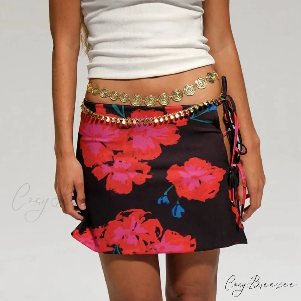 Multi-wear Floral Print Mini Skirt Crop Tops Low Waist Y2K Streetwear BLACK / S twopiecesset-250126