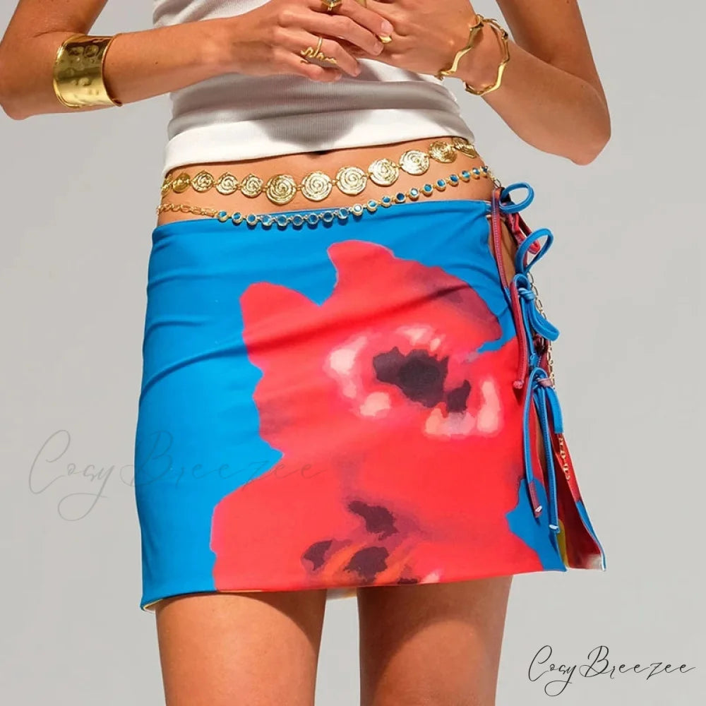 Multi-wear Floral Print Mini Skirt Crop Tops Low Waist Y2K Streetwear BLUE / S twopiecesset-250126