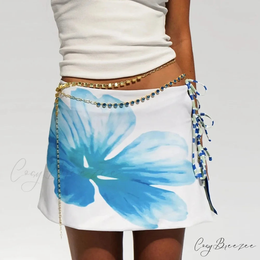 Multi-wear Floral Print Mini Skirt Crop Tops Low Waist Y2K Streetwear Teal / S twopiecesset-250126