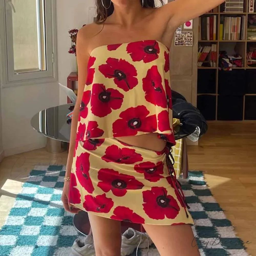 Multi-wear Floral Print Mini Skirt Crop Tops Low Waist Y2K Streetwear twopiecesset-250126