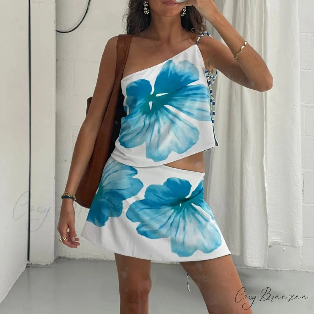 Multi-wear Floral Print Mini Skirt Crop Tops Low Waist Y2K Streetwear twopiecesset-250126
