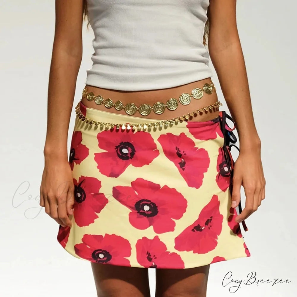 Multi-wear Floral Print Mini Skirt Crop Tops Low Waist Y2K Streetwear YELLOW / S twopiecesset-250126
