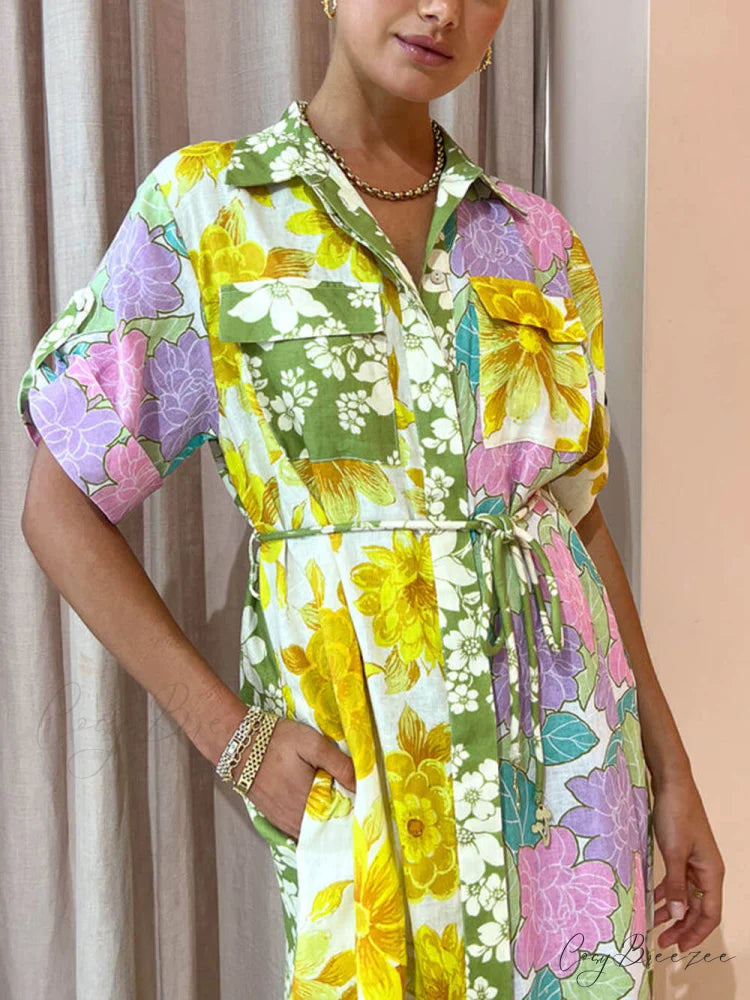 Multicolor Paneled Stylish Shirt-Style Midi Dress
