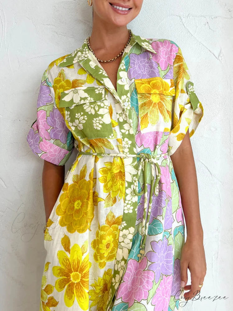 Multicolor Paneled Stylish Shirt-Style Midi Dress