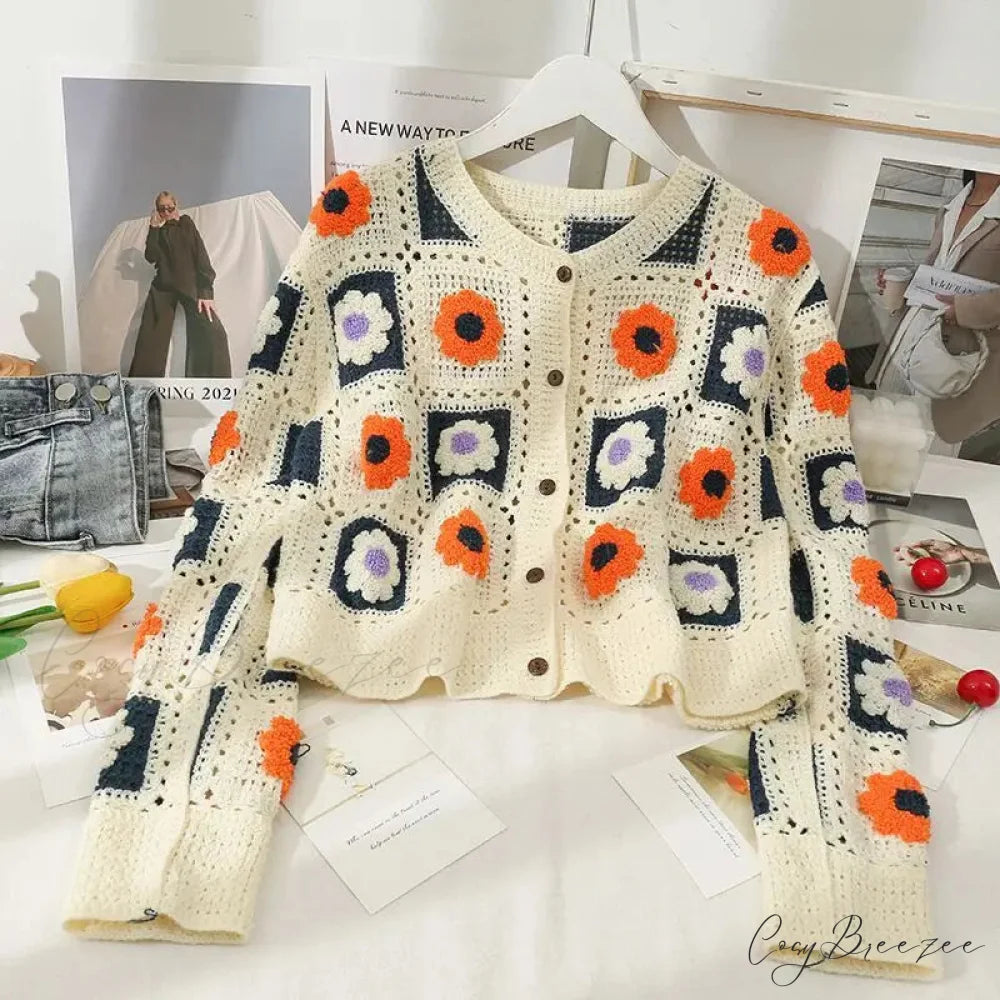 Multicolor Y2K Loose Crochet Knit Cardigan Beige / One Size cardiagn-250126