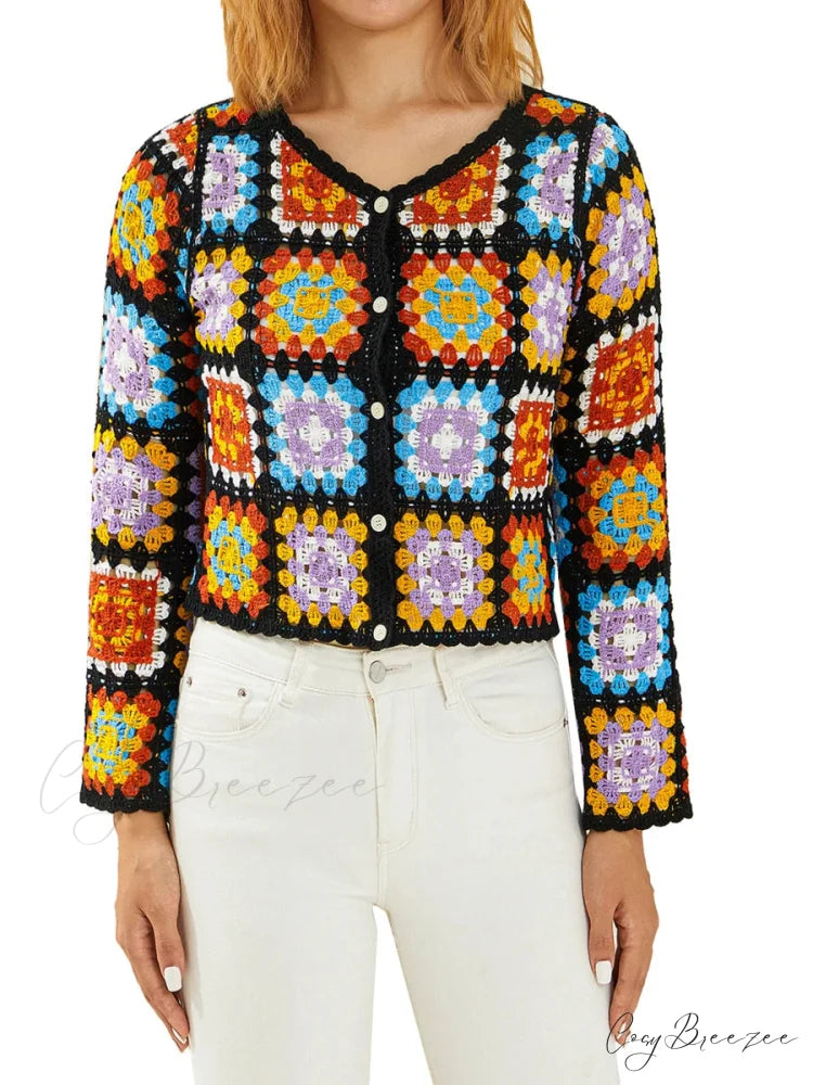 Multicolor Y2K Loose Crochet Knit Cardigan Black 2 / One Size cardiagn-250126