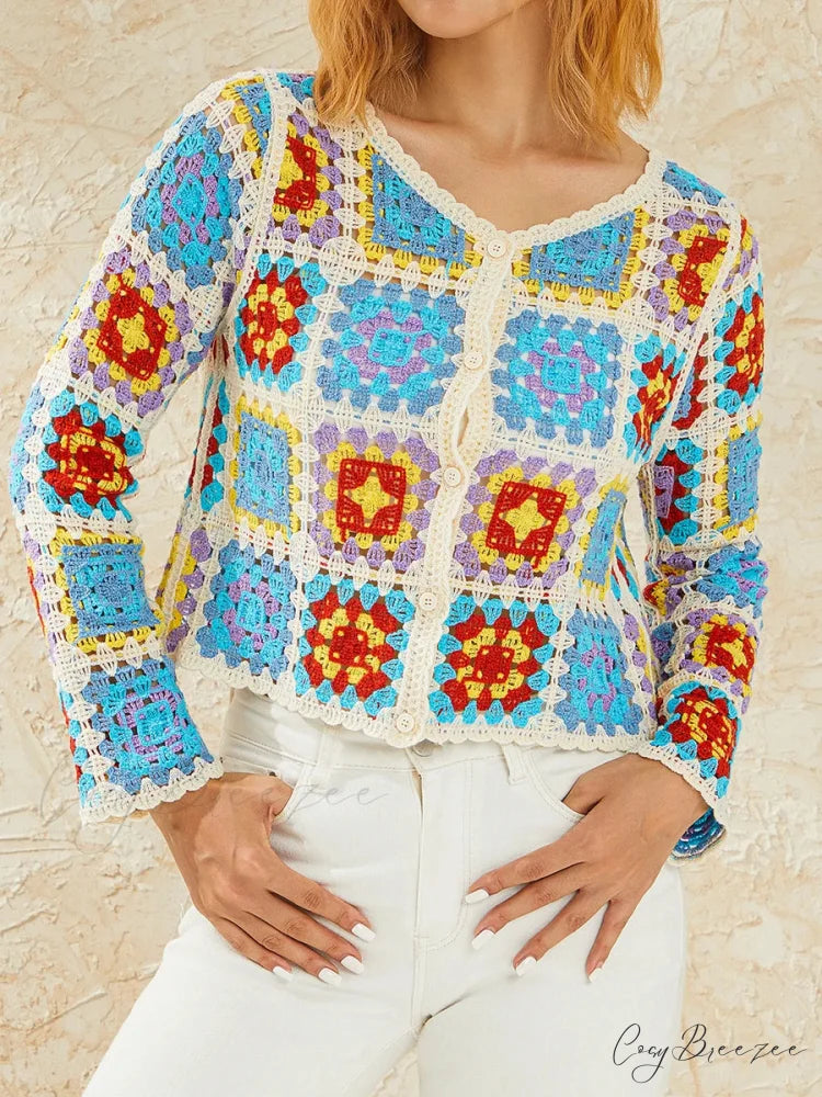 Multicolor Y2K Loose Crochet Knit Cardigan Blue / One Size cardiagn-250126
