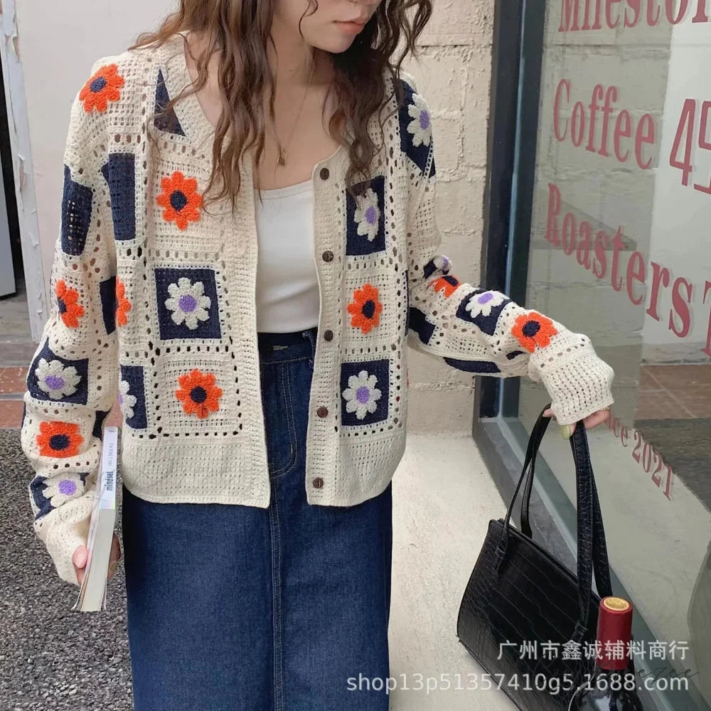 Multicolor Y2K Loose Crochet Knit Cardigan cardiagn-250126