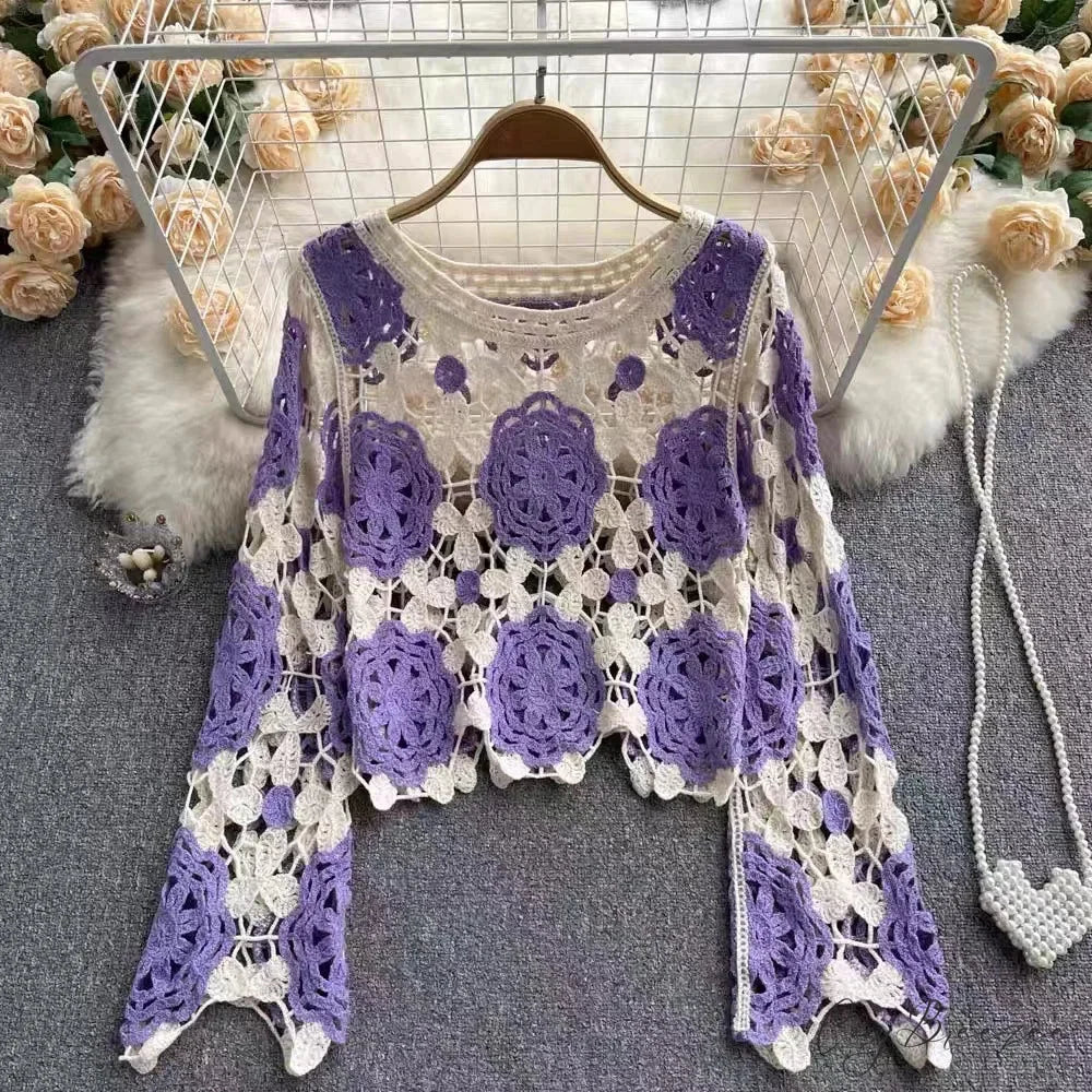 Multicolor Y2K Loose Crochet Knit Cardigan PURPLE / One Size cardiagn-250126