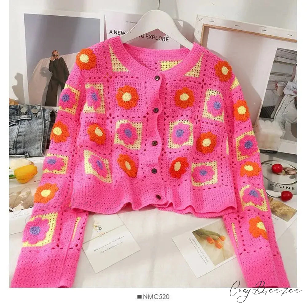 Multicolor Y2K Loose Crochet Knit Cardigan Rose Red / One Size cardiagn-250126