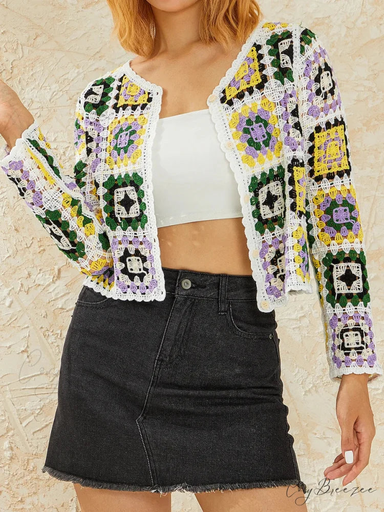 Multicolor Y2K Loose Crochet Knit Cardigan Violet / One Size cardiagn-250126