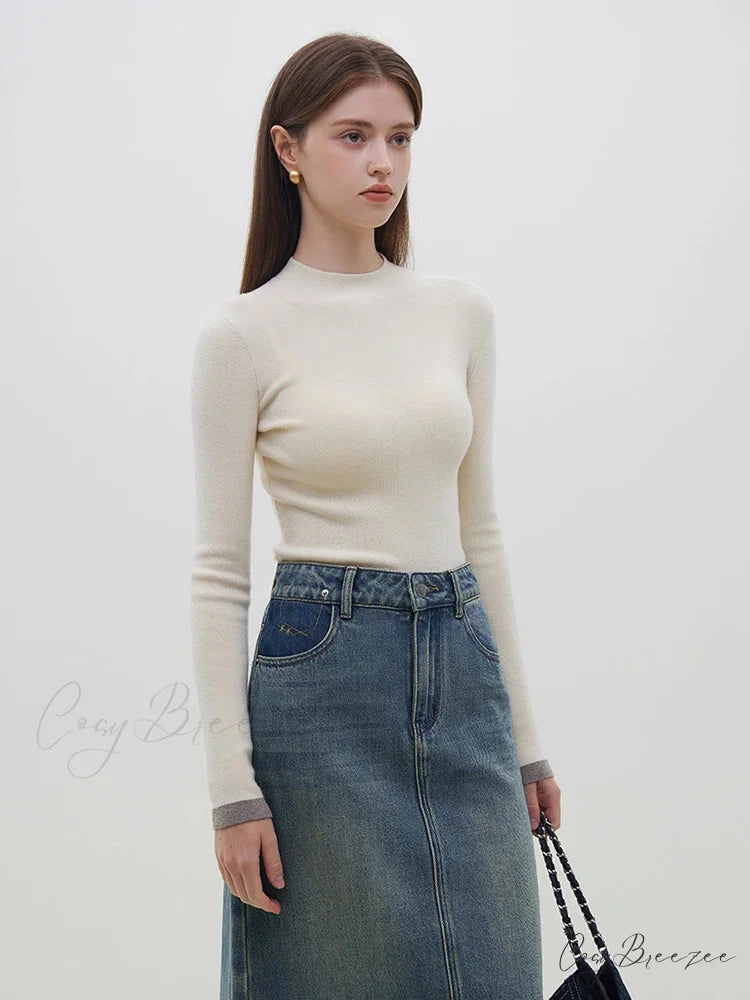 Multiple Colors Half Turtleneck Slim Knitted Sweater creamy-white / S swraters-241228