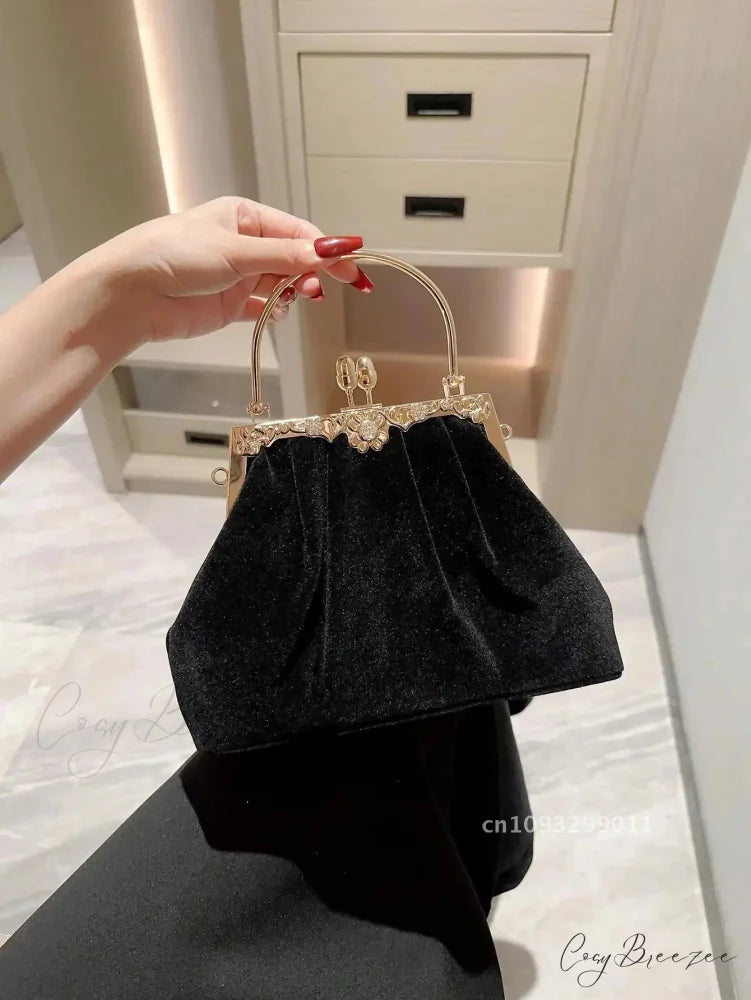 Mysterious Black Velvet Wedding Clutch Black clutchbag-250126