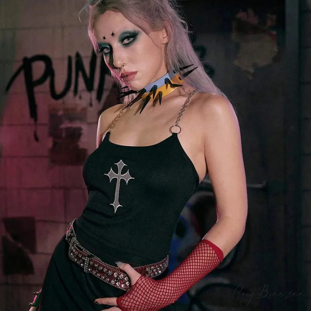 Mysterious Sexy Chain Black Cross Print Black Crop Top Black / S