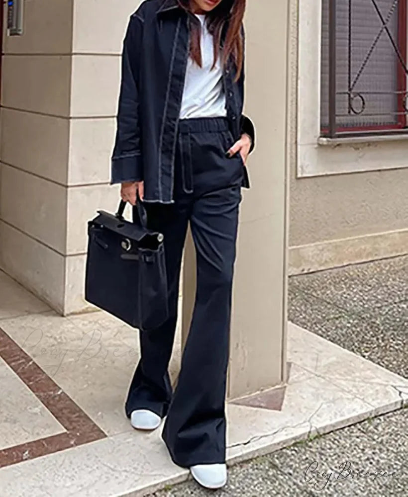 Navy Blue Button Pockets Trousers Office Set officetwopieceset-250223