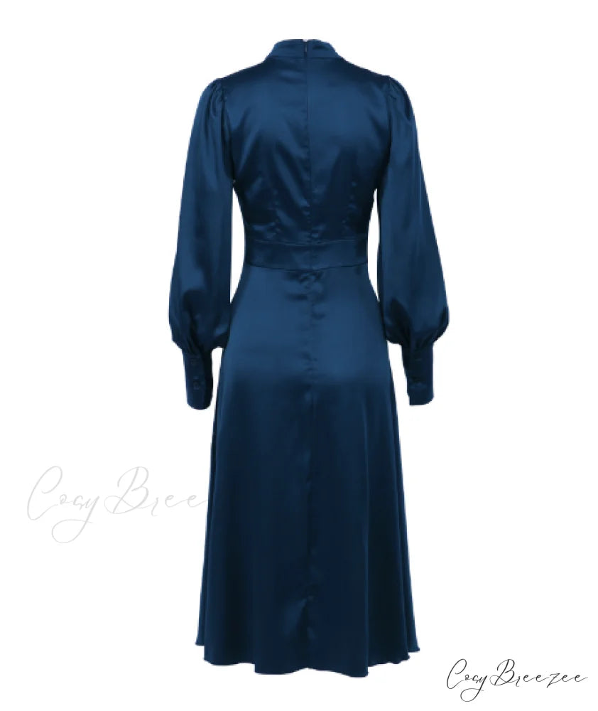 Navy Hollow Out Satin Midi Party Dress with Lantern Sleeves and Keyhole Detail