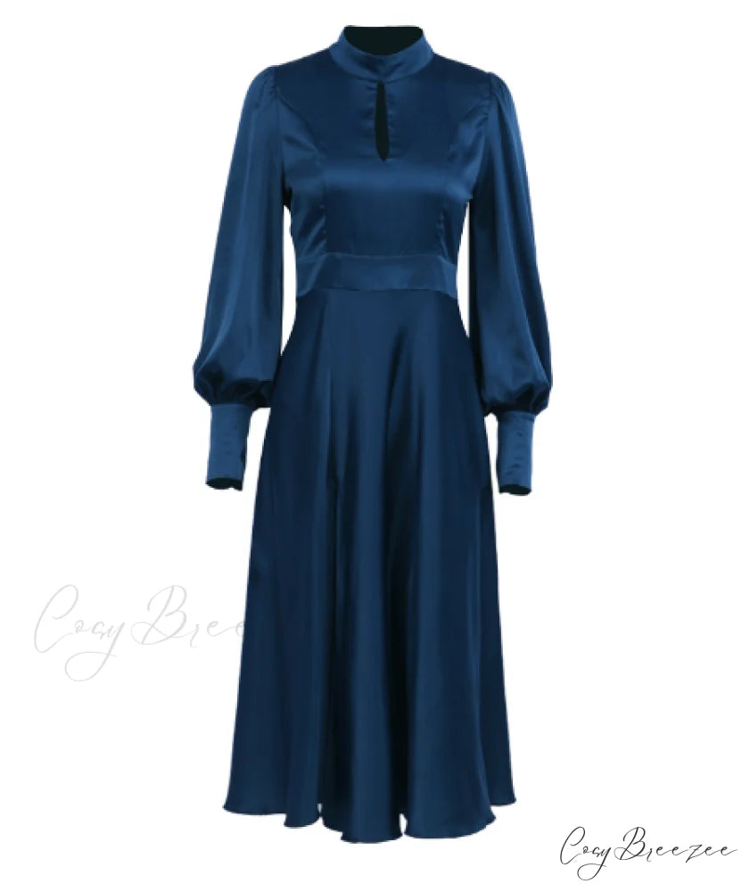 Navy Hollow Out Satin Midi Party Dress with Lantern Sleeves and Keyhole Detail