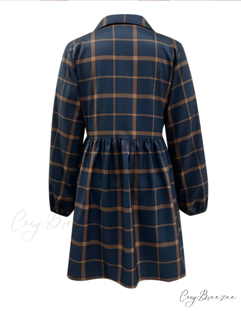 Navy V Neck Plaid Prints Buttons Casual Sweet Dress for Women