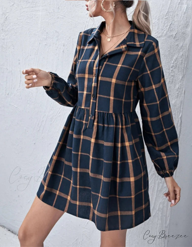 Navy V Neck Plaid Prints Buttons Casual Sweet Dress for Women