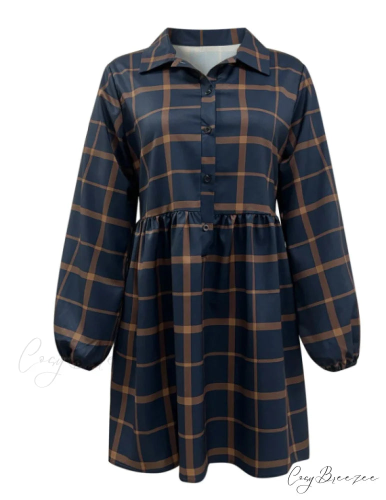 Navy V Neck Plaid Prints Buttons Casual Sweet Dress for Women
