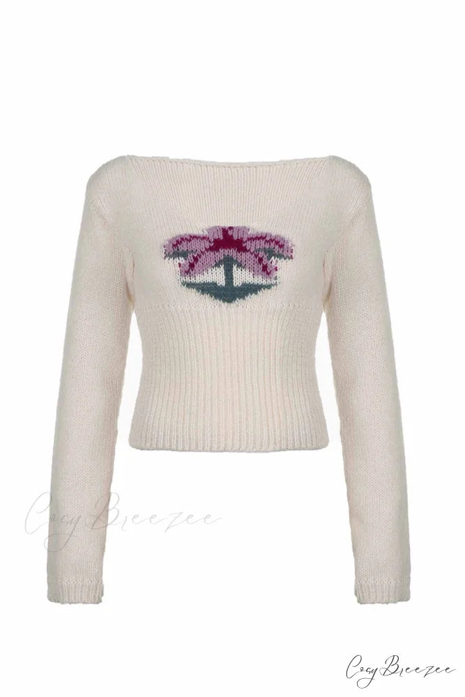 Neck Knitted U Flowered Sweater