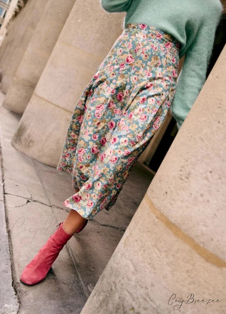 New Niche Color Pleated Blue Floral High Waist Chiffon A-Line Midi Skirt skirt-250126