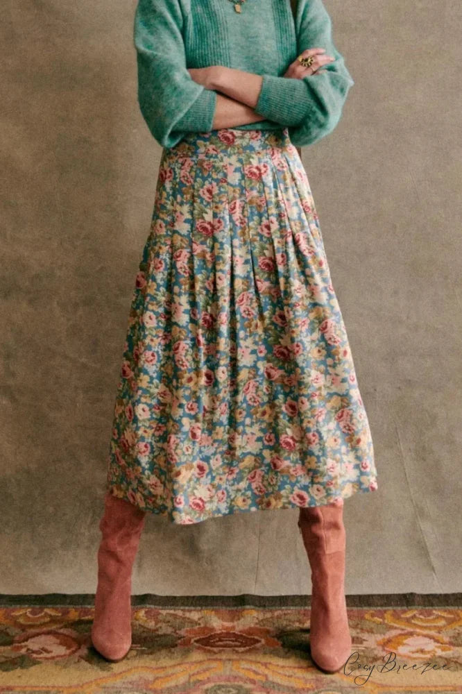 New Niche Color Pleated Blue Floral High Waist Chiffon A-Line Midi Skirt skirt-250126