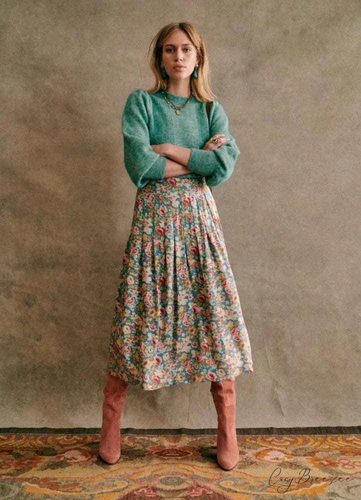 New Niche Color Pleated Blue Floral High Waist Chiffon A-Line Midi Skirt skirt-250126