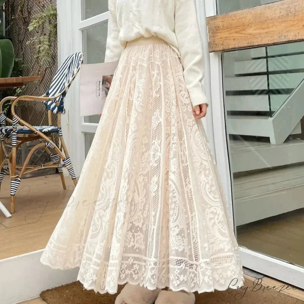 New Spring Summer Women Long Skirt Fairy Palace Custom Lace Apricot / One Size skirt-250126
