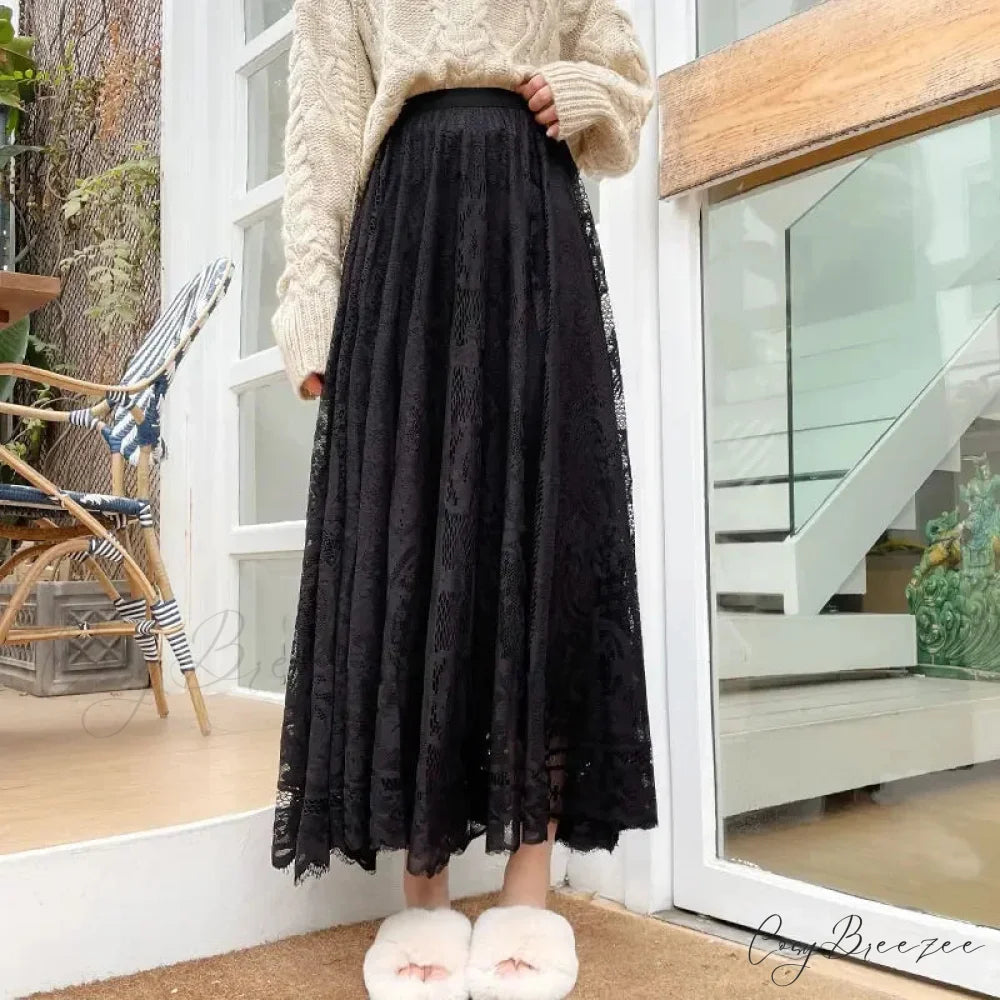New Spring Summer Women Long Skirt Fairy Palace Custom Lace Black / One Size skirt-250126