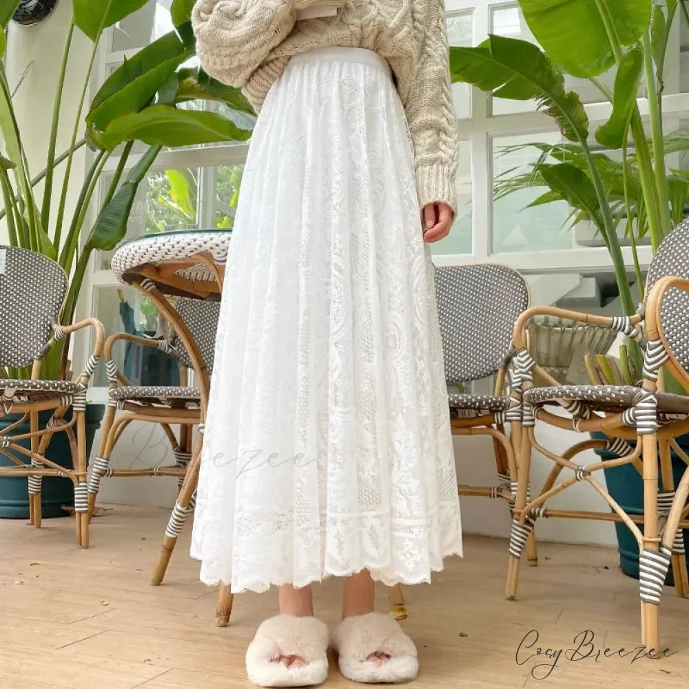 New Spring Summer Women Long Skirt Fairy Palace Custom Lace WHITE / One Size skirt-250126