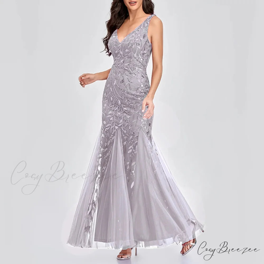 New Square-Collar Sequined Long-Sleeve Ruffle Hem Bodycon Evening Party Vestidos Dress Grey / S