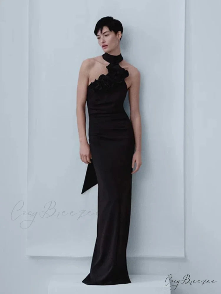 New Summer Sexy Halter Backless Flower Elegant Sleeveless Christmas Party Dress Black / S