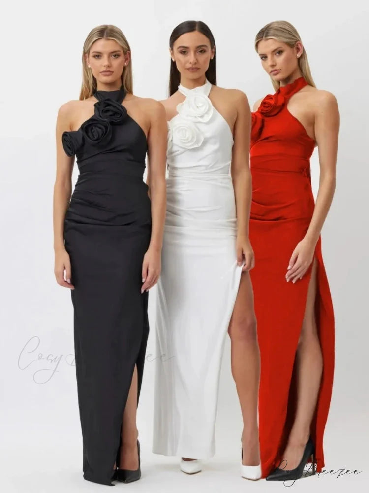 New Summer Sexy Halter Backless Flower Elegant Sleeveless Christmas Party Dress Red / S