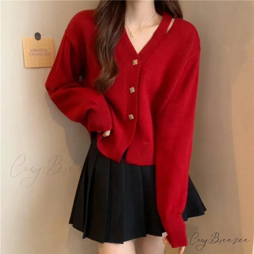 New V-Neck Button Red Knit Tops Stylish Knitwear Christmas Sweater red / M