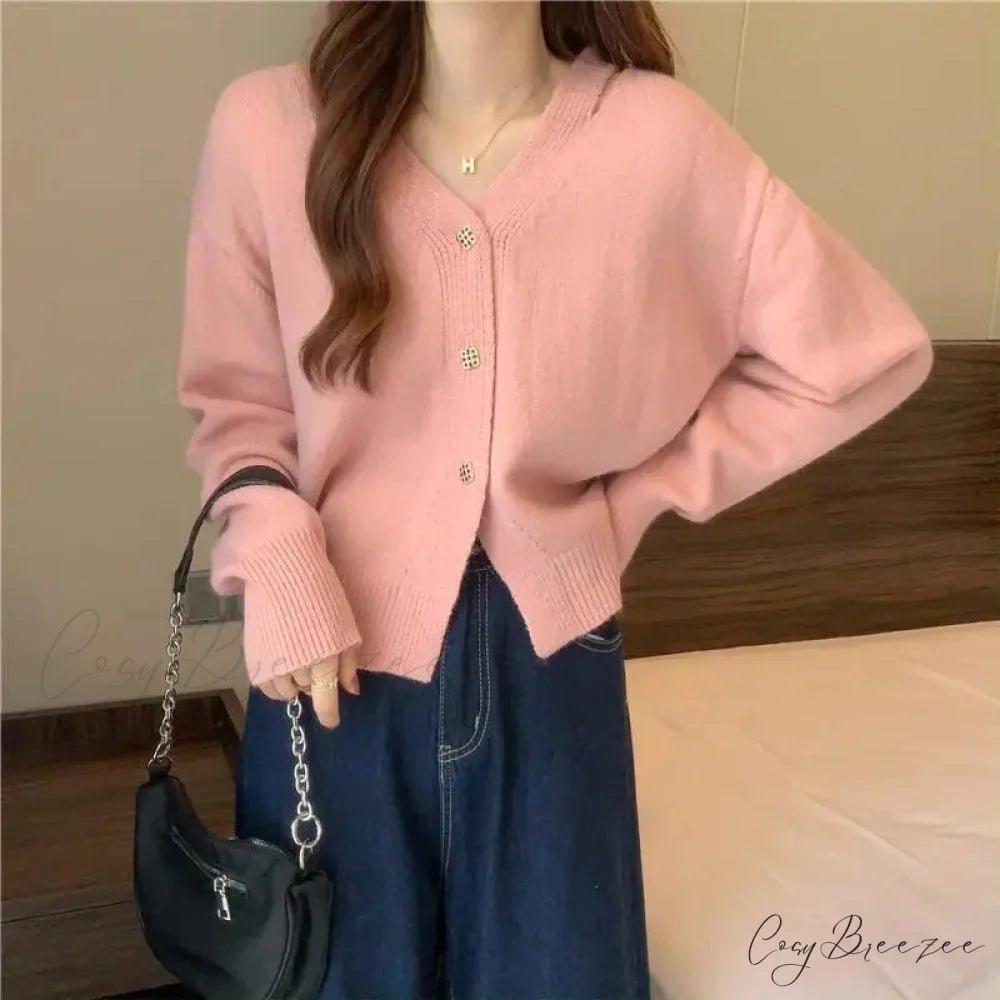 New V-Neck Button Red Knit Tops Stylish Knitwear Christmas Sweater pink / M